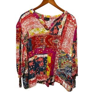 Jones New York Women Top‎ Patchwork Boho Blouse Multicolor Rayon Flowy Travel